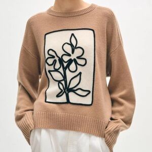 White + Warren || Cashmere Floral Applique Crewneck || Camel || S || NWT